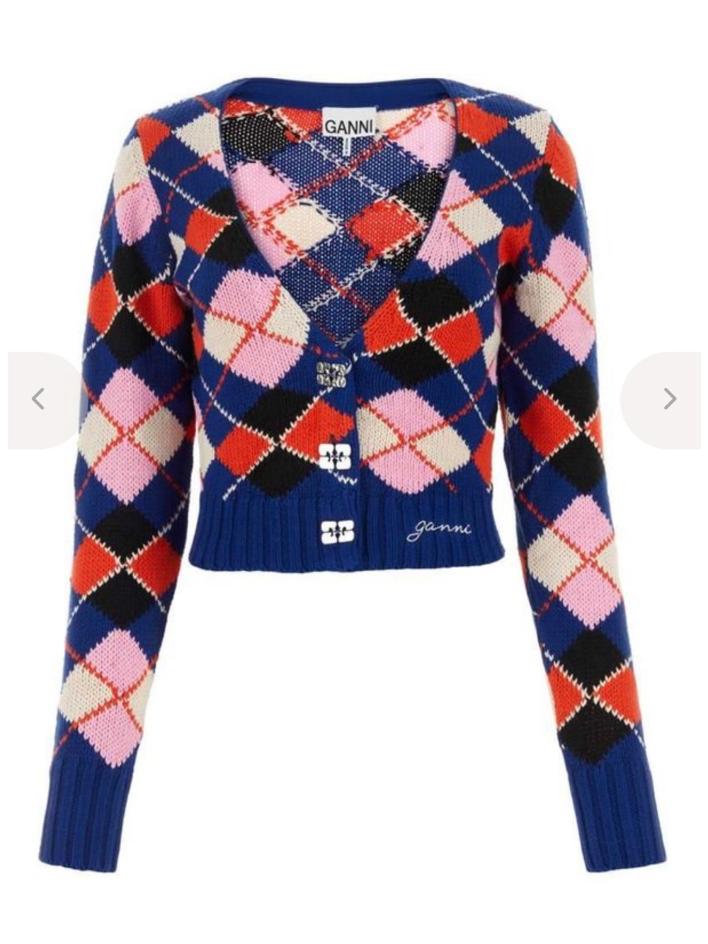 Ganni Blue Argyle V-Neck Cardigan with Pink and Red Accents - Picture 5 of 14